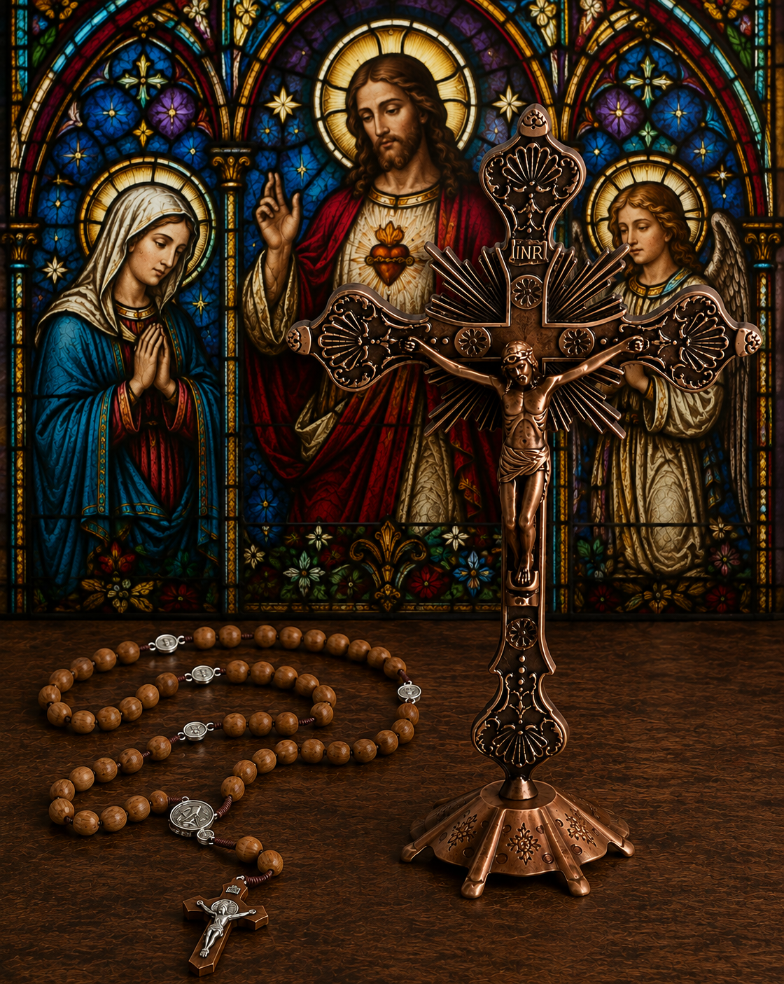 10" Bronze Standing Crucifix & Rosary with True Cross Blessing