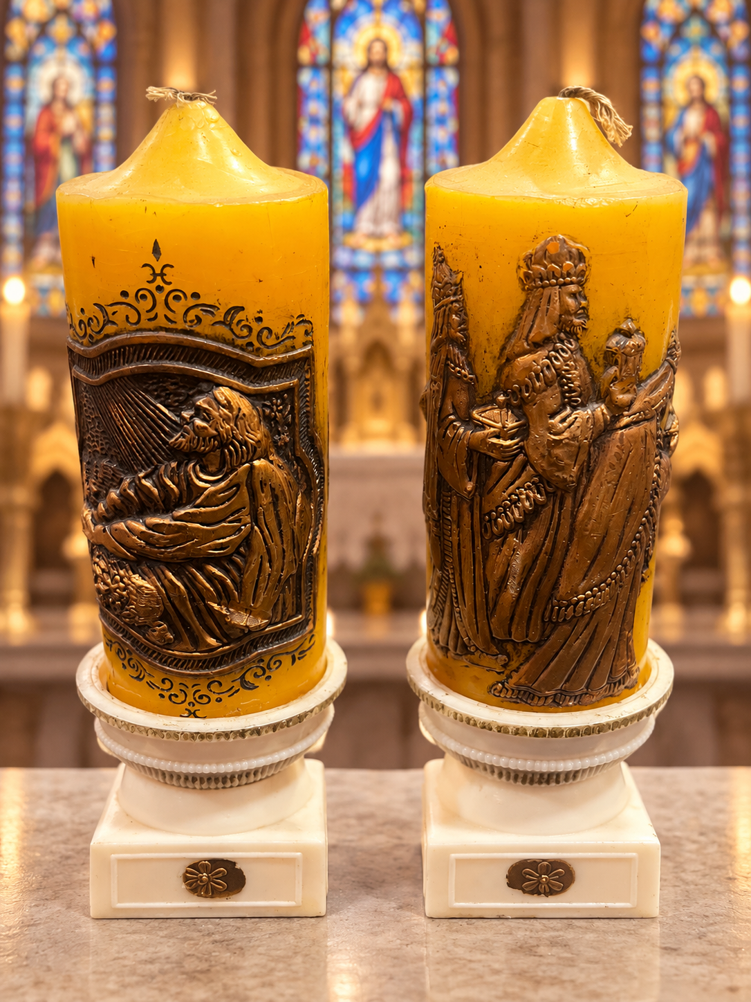 Vintage Religious Candles & Holders — Beautiful Pair