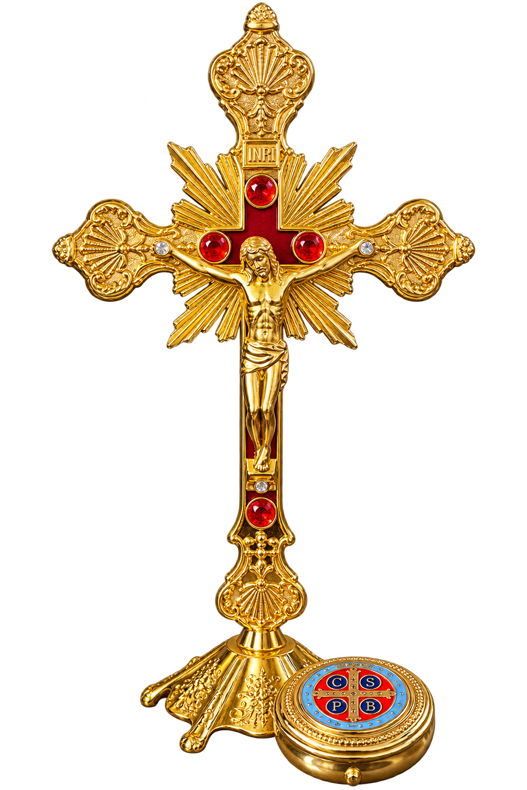 10" Gold Standing Crucifix with True Cross Blessing & Free Pyx