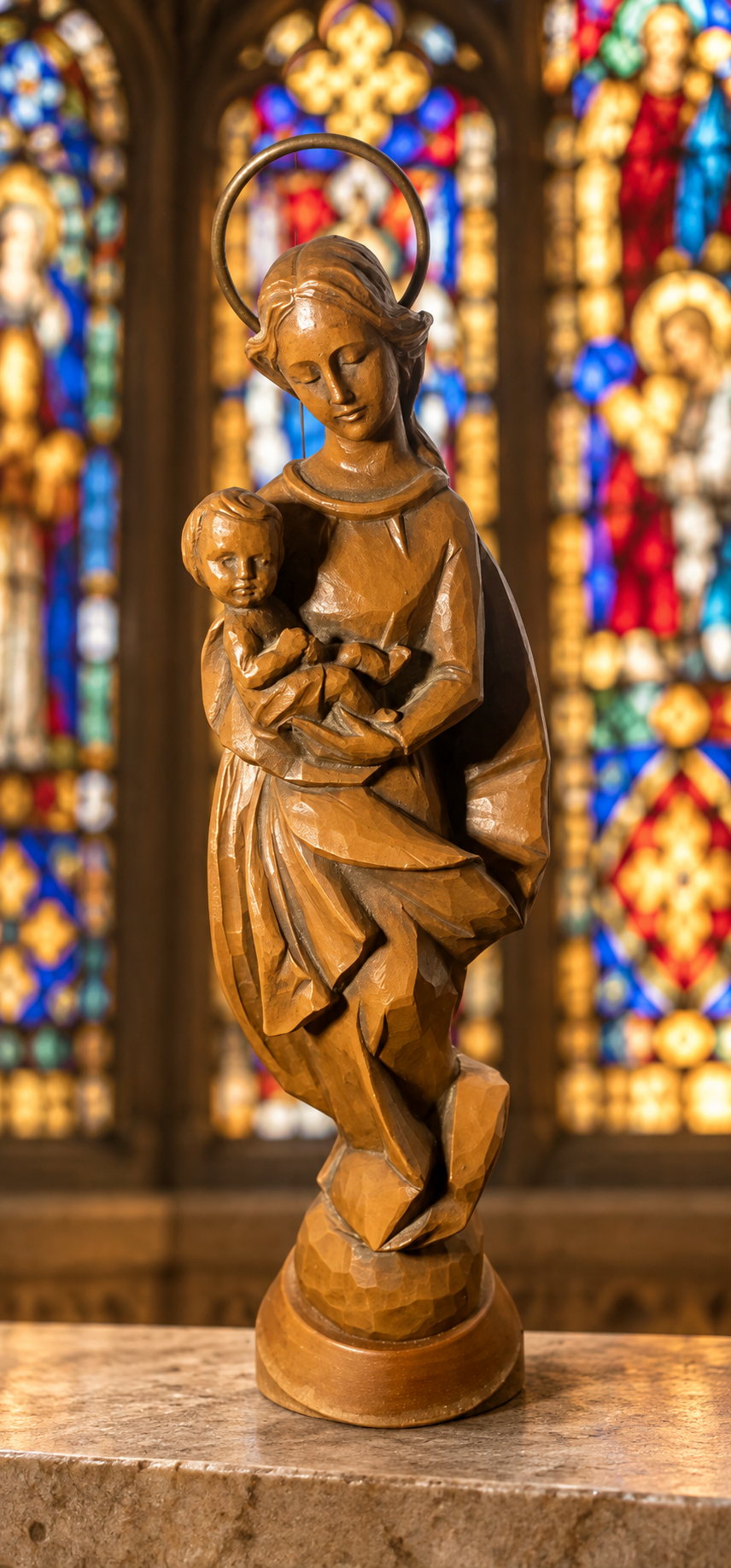 Carved Wood Madonna & Child Jesus