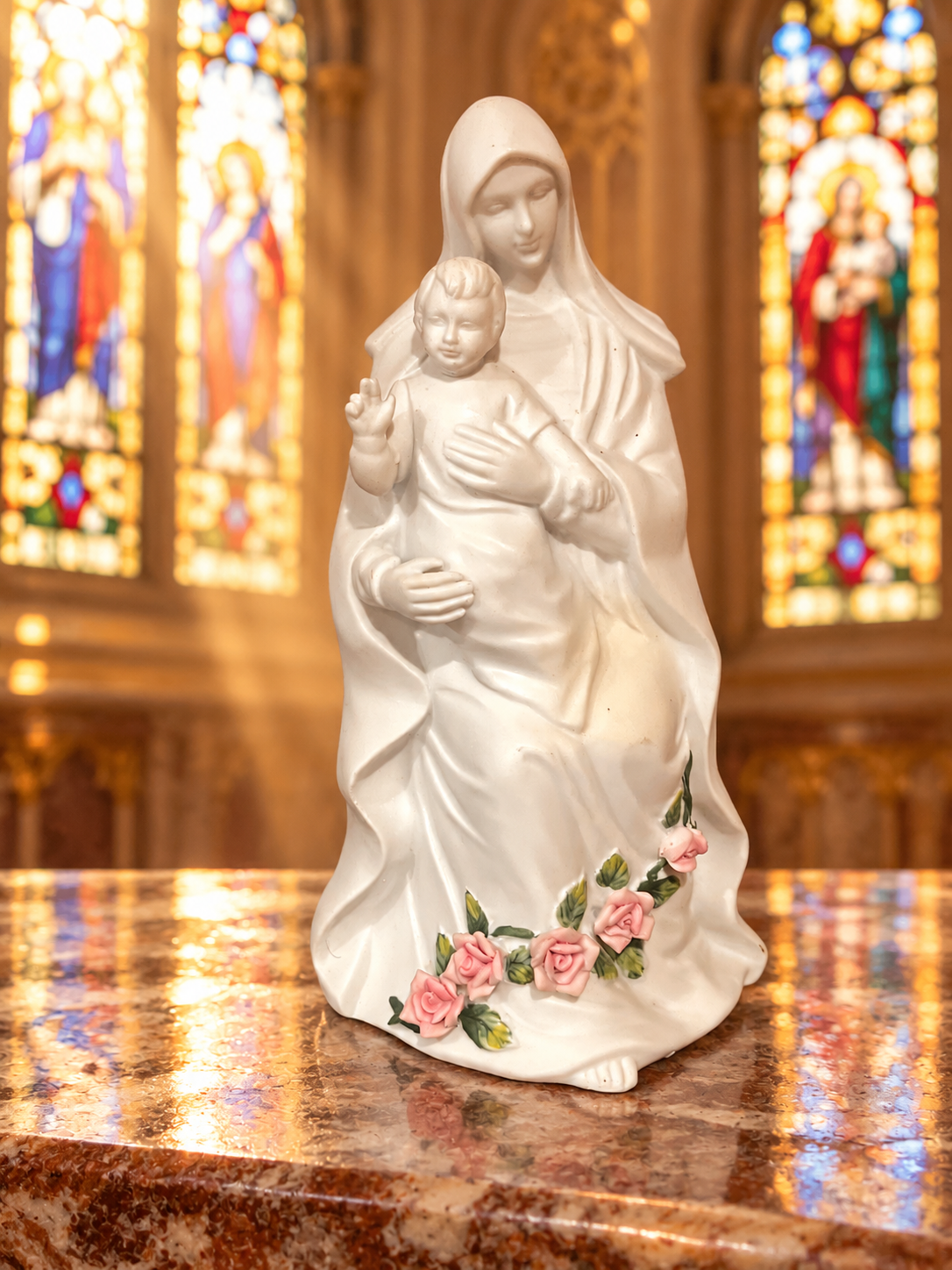 Vintage Porcelain Madonna & Child with Pink Roses — 6.25"