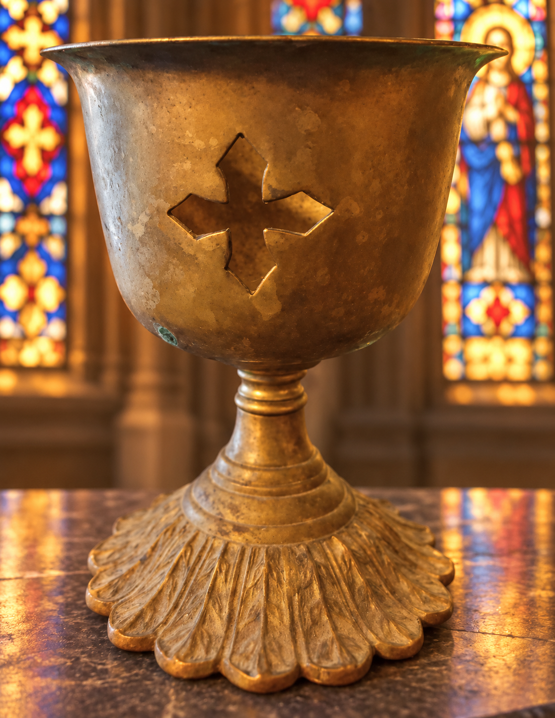 Vintage Heavy Brass Closed-Church Votive Holder with Pierced Crosses
