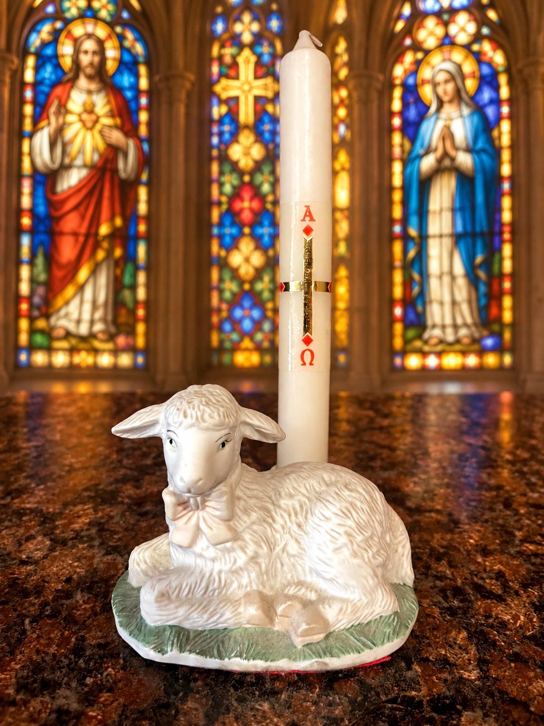 Lamb of God Paschal Candle Holder with Lourdes-Blessed Candle