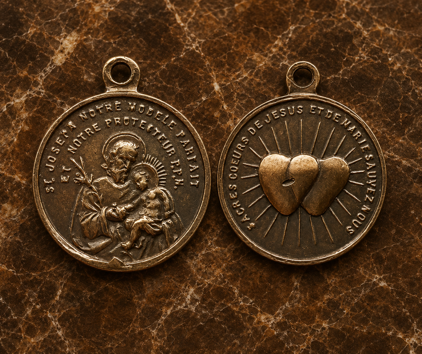 Antique French Sacred Hearts & St. Joseph Devotional Medal