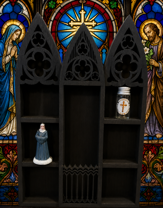 Gothic Wall Display Shelf with Complimentary Nun Statue & Holy Water