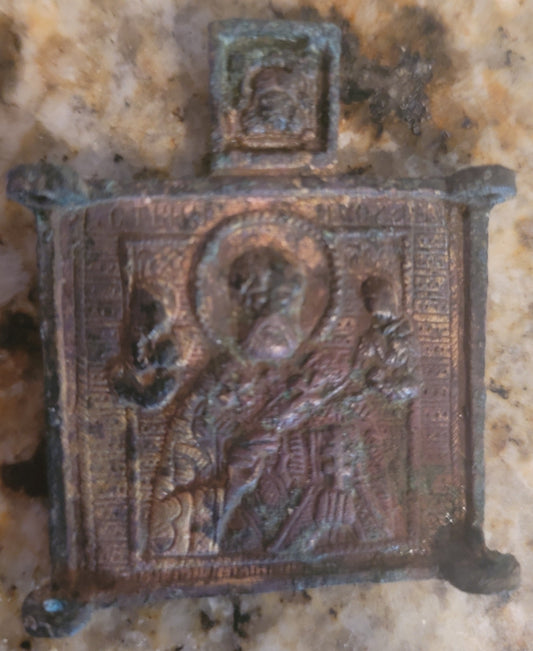 Museum Quality Medieval bronze Icon of St. Nicholas touched to the True Cross