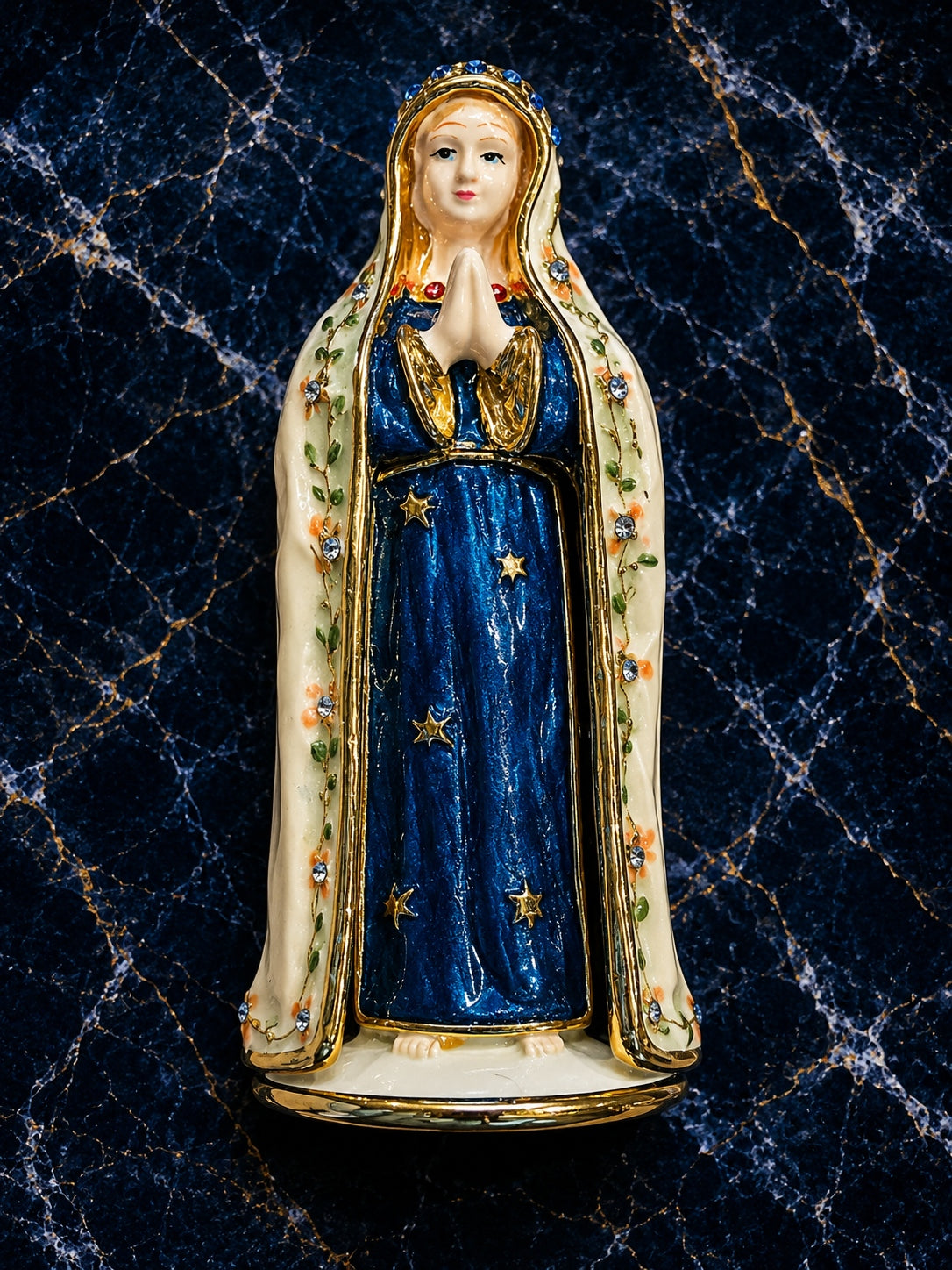 Hand-Painted & Jeweled Vintage Blessed Mother With Secret Compartment