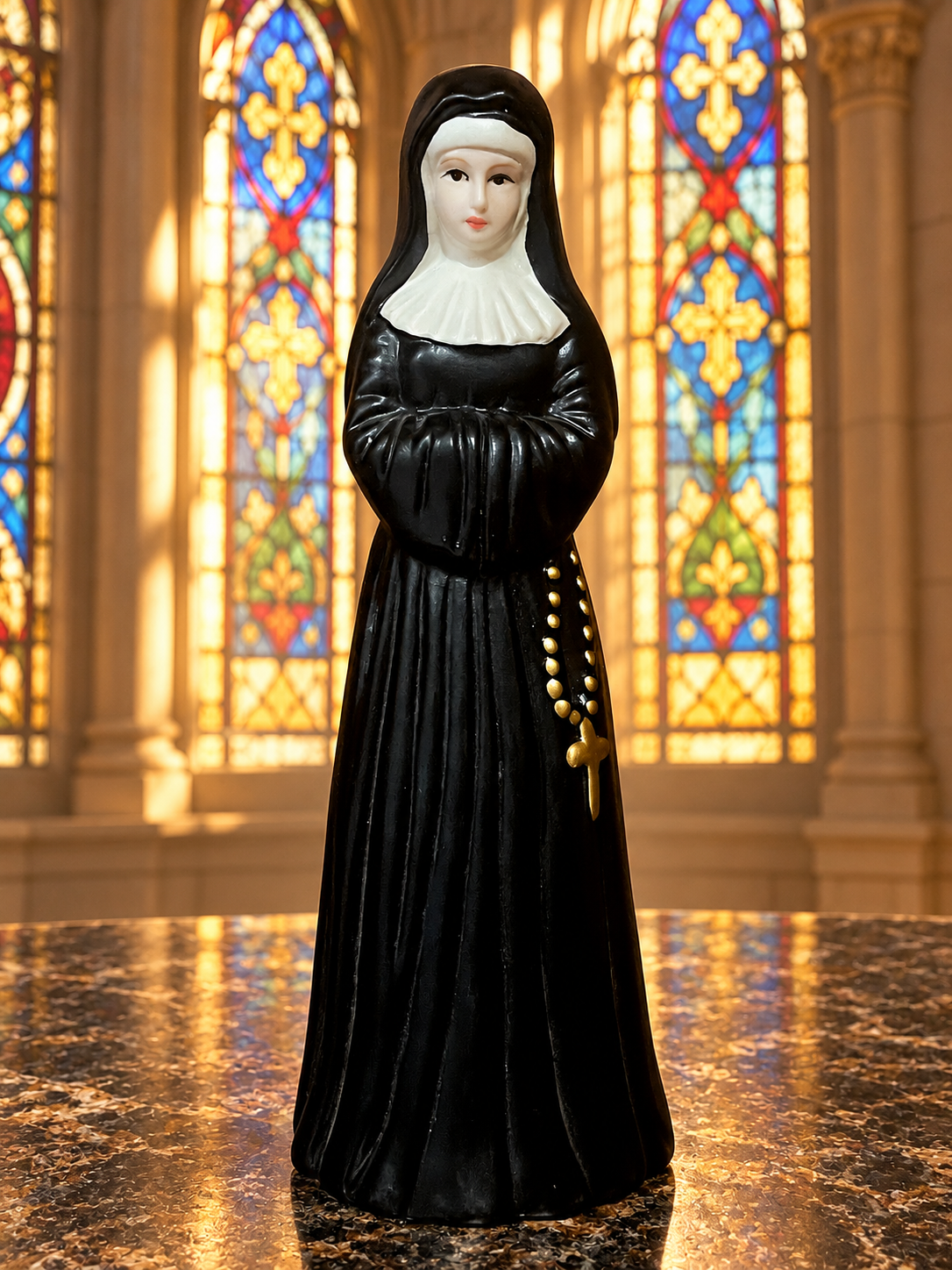 Vintage Catholic Nun with Rosary Statue — 7"