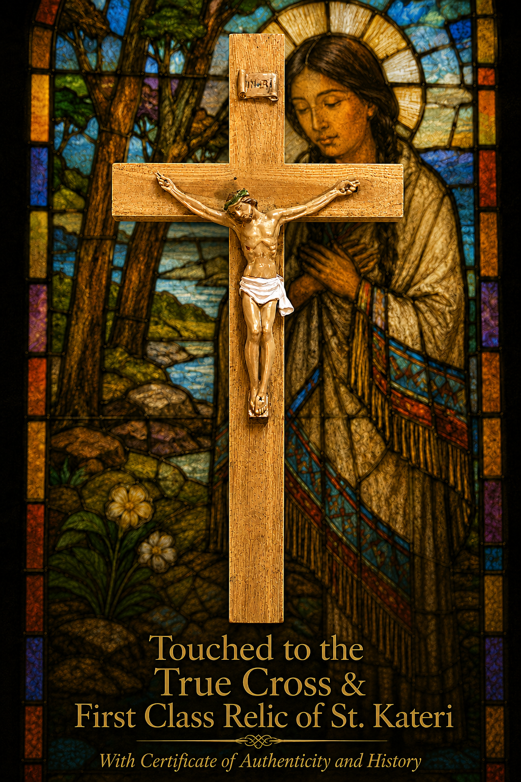 Handcrafted Crucifix- Touched to the True Cross &  first-class relic of St. Kateri Tekakwitha