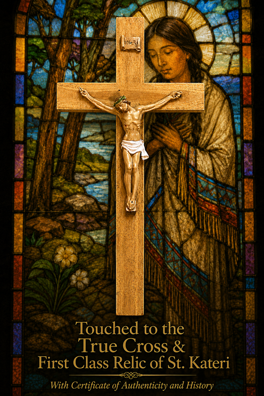 Handcrafted Crucifix- Touched to the True Cross &  first-class relic of St. Kateri Tekakwitha