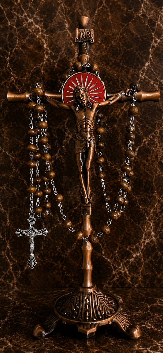 Bronze Standing Crucifix & Rosary with True Cross Blessing