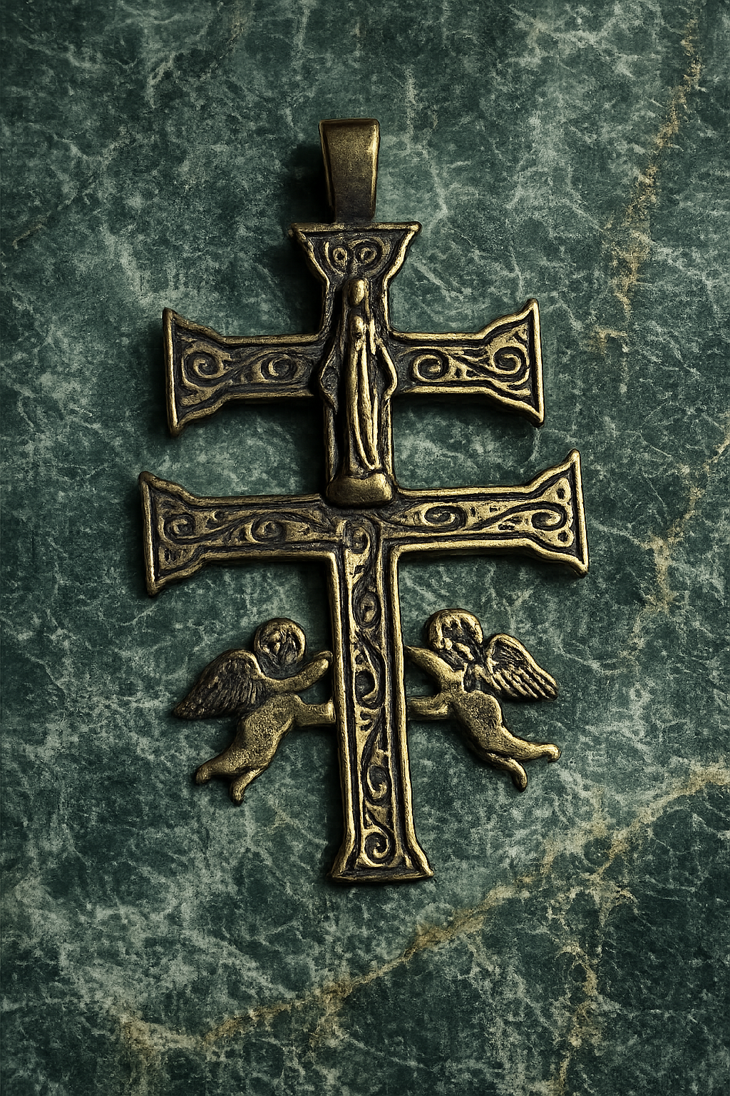 Antique-Style Caravaca Cross with Our Lady & Cherubs