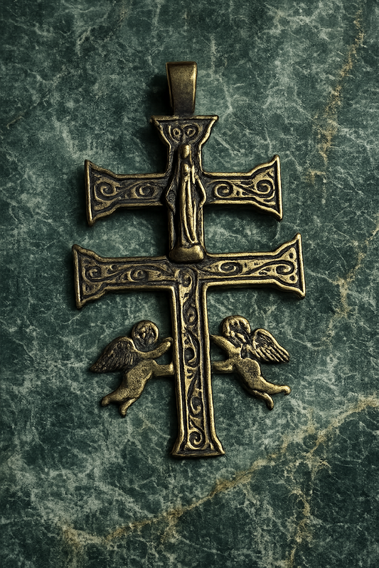 Antique-Style Caravaca Cross with Our Lady & Cherubs
