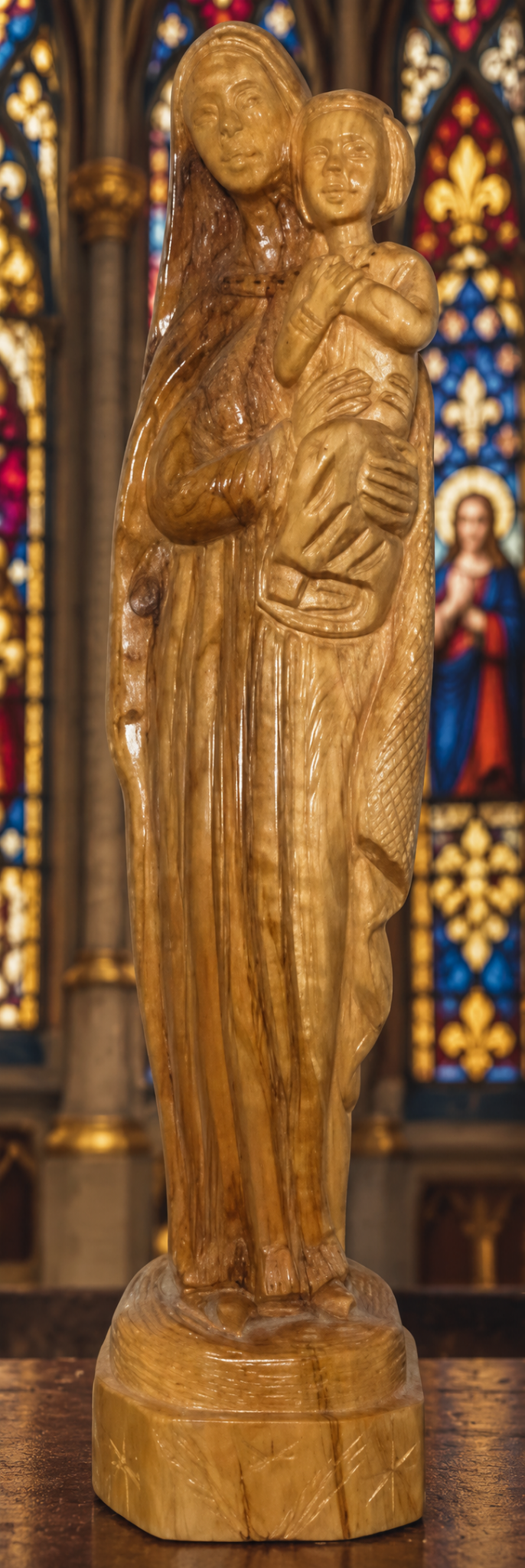 Vintage Convent Holy Land Olive Wood Madonna &amp; Child Statue