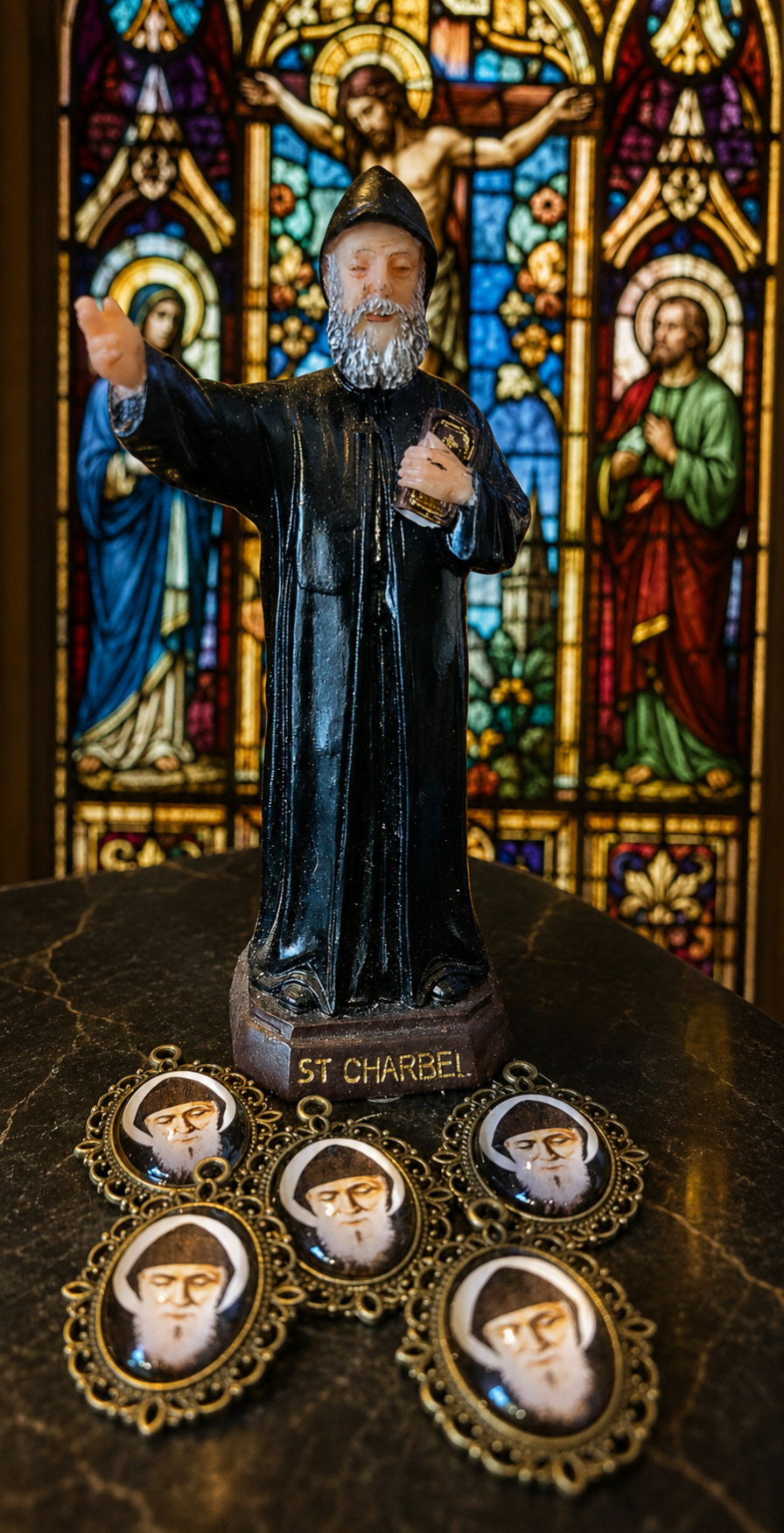 St. Charbel Statue & Devotional Medal Set
