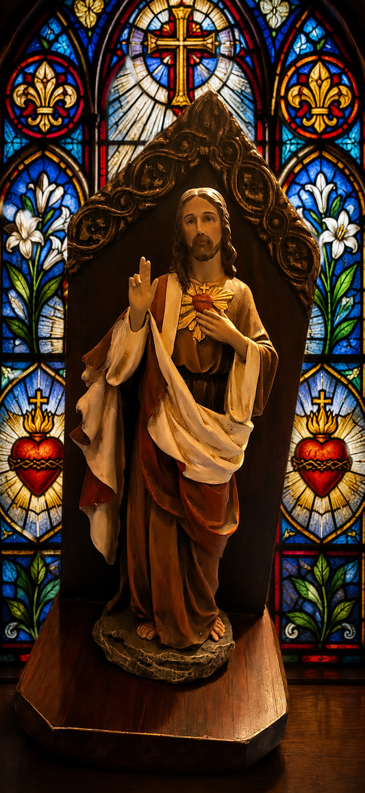 Sacred Heart of Jesus Statue with Ornate Gothic Wooden Shrine