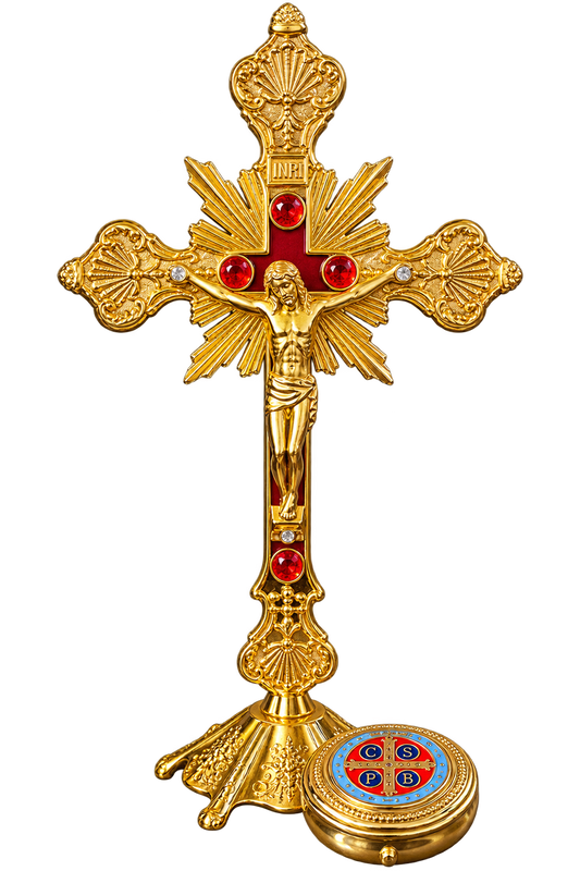 10" Gold Standing Crucifix with True Cross Blessing & Free Pyx