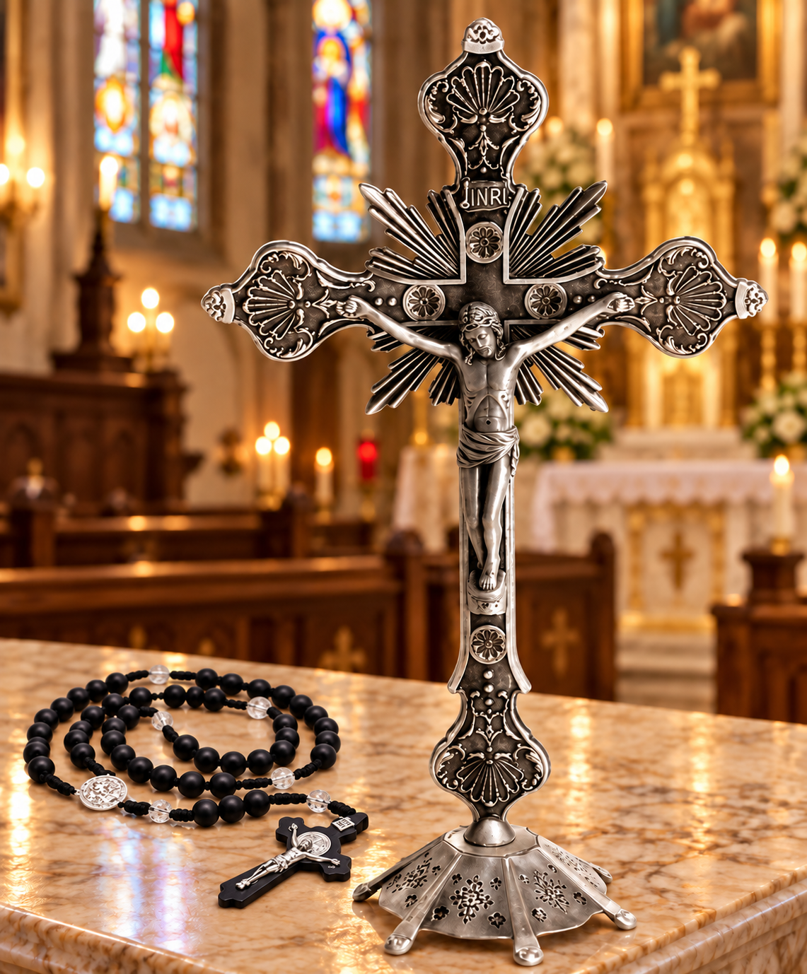 Antiqued Silver Standing Crucifix with St. Benedict Rosary — Touched to True Cross & Gift Boxed