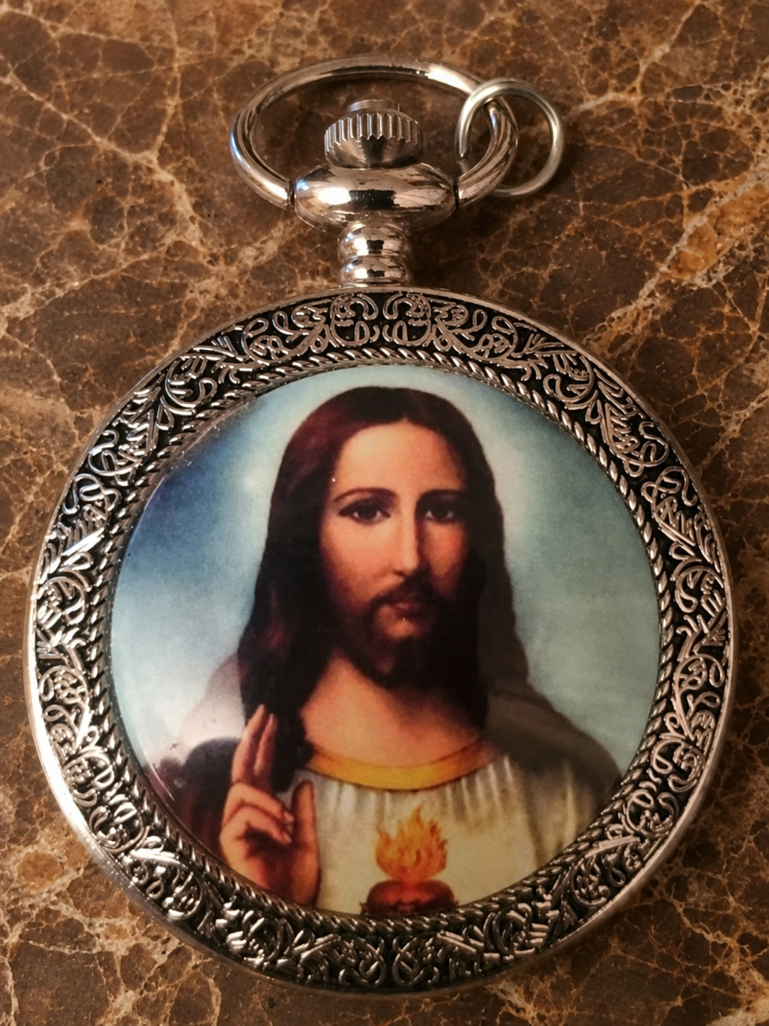 SACRED HEART OF JESUS SILVER-TONE POCKET WATCH — ORNATE FULL-HUNTER CASE