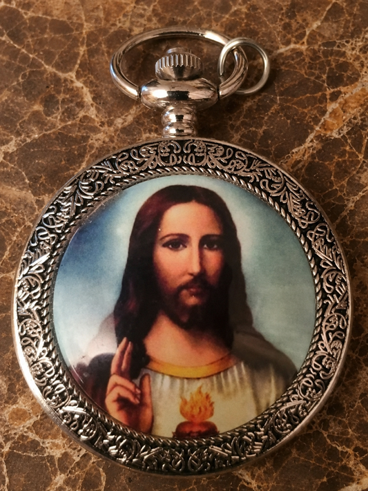 SACRED HEART OF JESUS SILVER-TONE POCKET WATCH — ORNATE FULL-HUNTER CASE