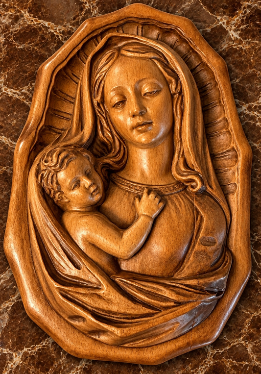 Our Lady’s Tender Embrace — Convent Carved Wood Madonna & Child Plaque