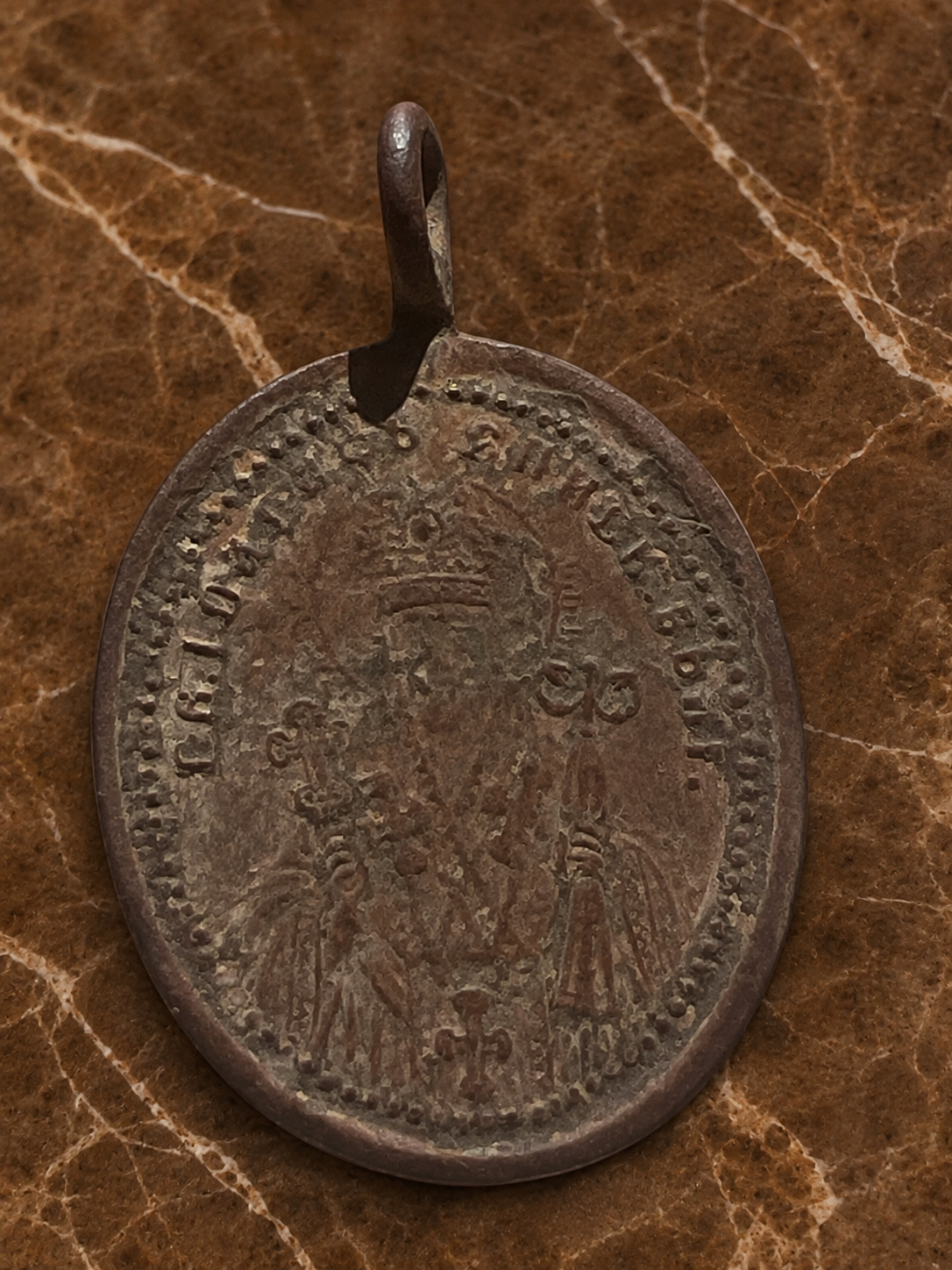 Antique Post-Byzantine Virgin of Tenderness Bronze Icon Pendant — 16th–17th Century
