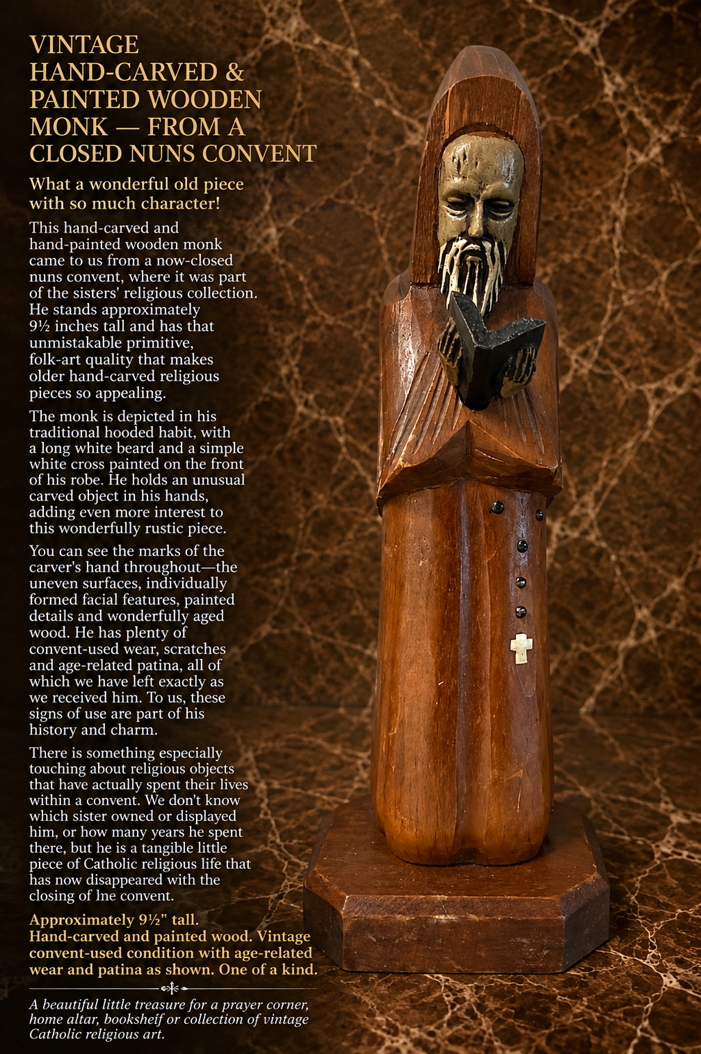 VINTAGE HAND-CARVED & PAINTED WOODEN MONK — FROM A CLOSED NUNS CONVENT