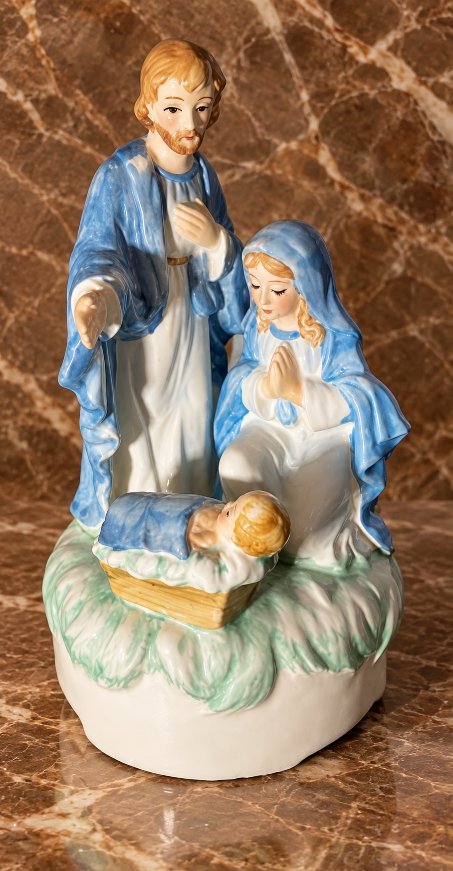 Vintage Porcelain Holy Family Nativity Music Box — Plays “Silent Night”